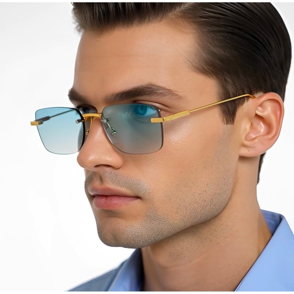Mens Rimless Rectangular Sunglasses Gold Frame Green Gradient Lens Retro Y2K New